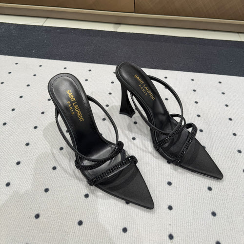 Saint Laurent HIGH CRYSTAL STRAP SANDALS IN BLACK SILK