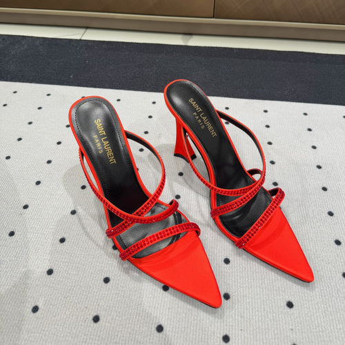 Saint Laurent HIGH CRYSTAL STRAP SANDALS IN RED SILK
