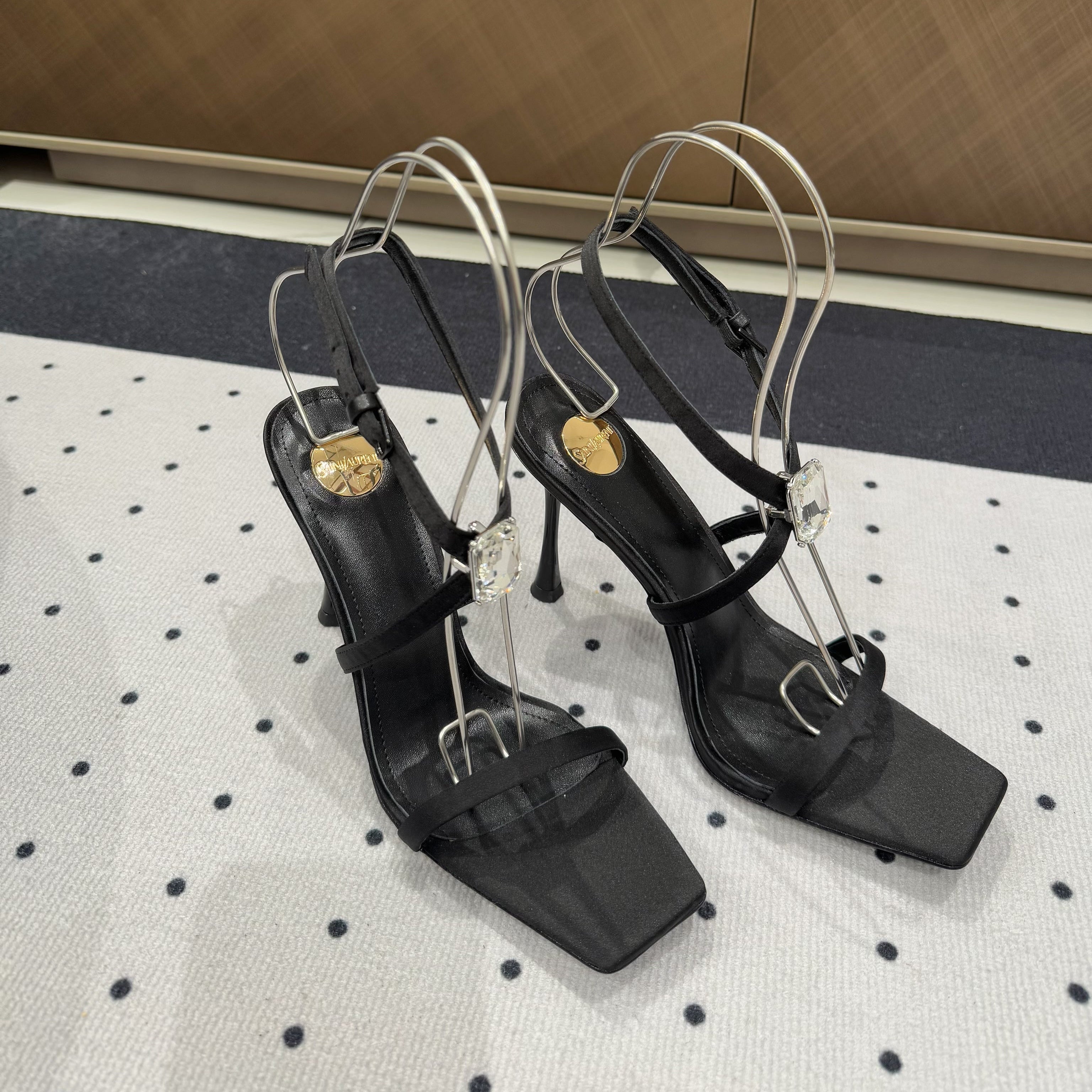 Saint Laurent HIGH HEEL SANDALS IN BLACK SILK WTH STRAPS ATTACHED GEM