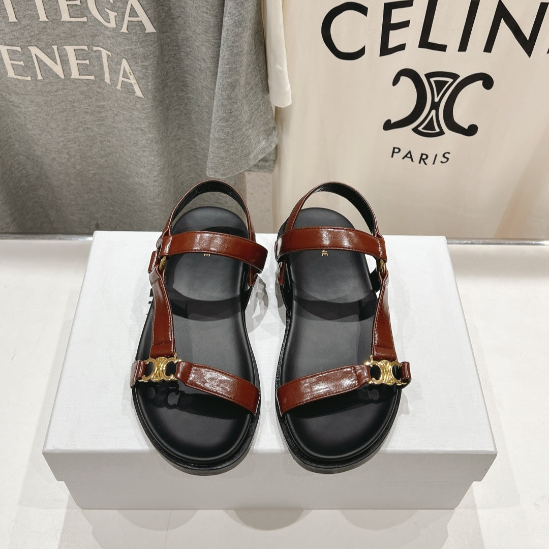 Celine CELINE MAUD SANDAL WITH TRIOMPHE DEEP BROWN COWHIDE 236756