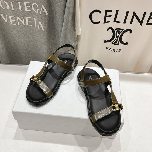 Celine CELINE MAUD SANDAL WITH TRIOMPHE ARMY GREEN COWHIDE 236757