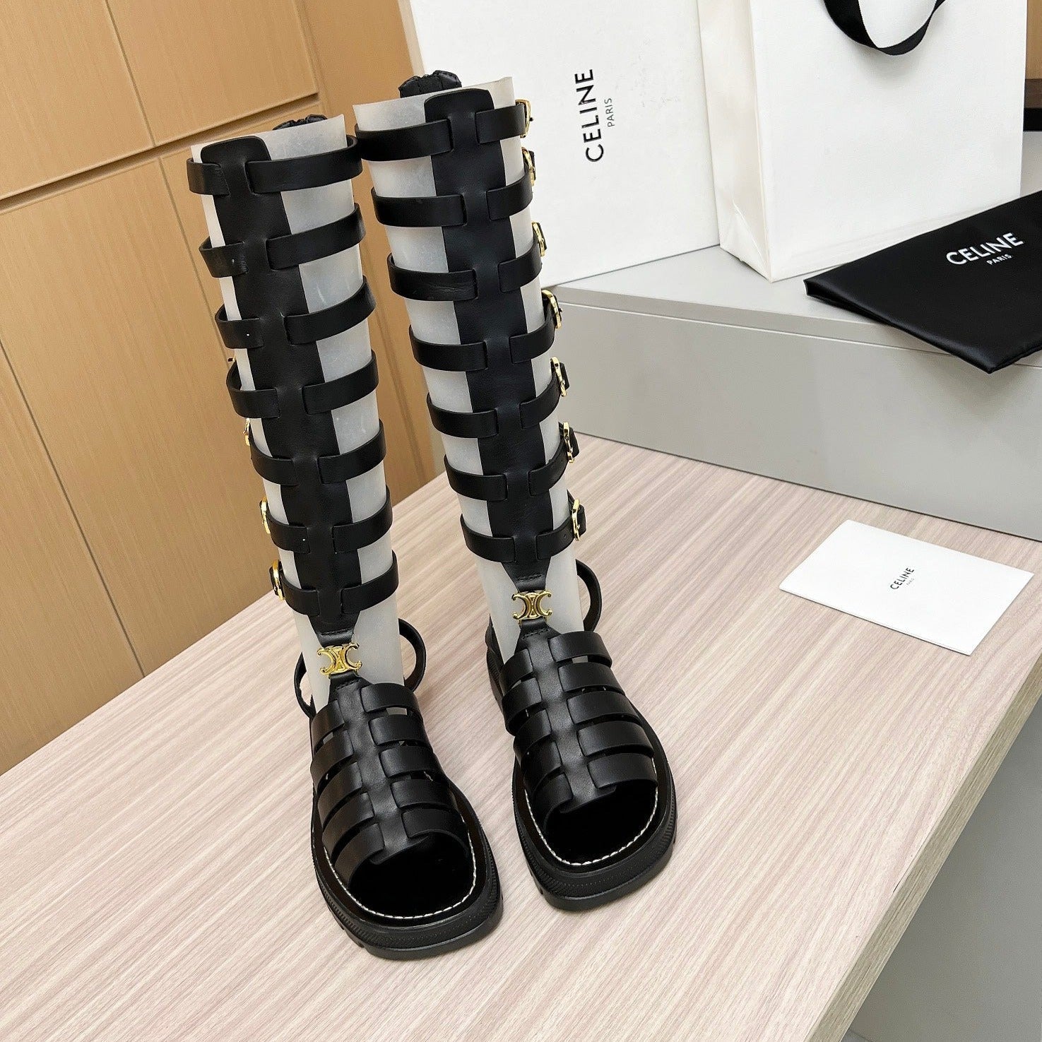 Celine Triomphe high boots  leather buckles Black