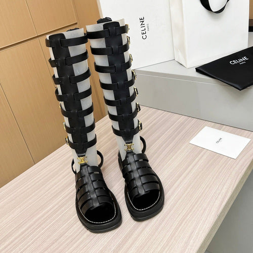 Celine Triomphe high boots  leather buckles Black