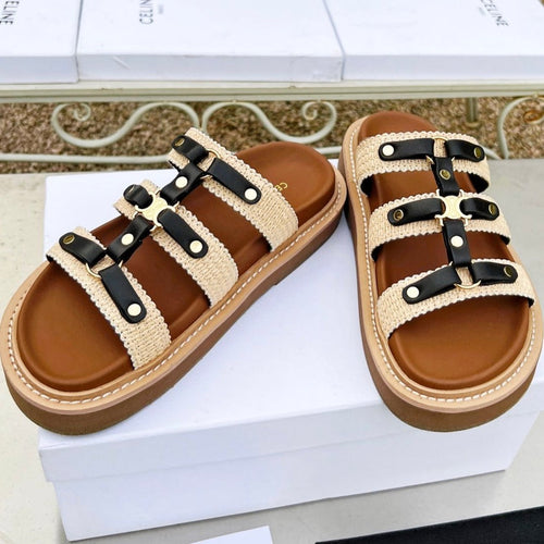 Celine TIPPI SLIDE IN CANVAS & CALFSKIN NATURAL BROWN CREAM/ BLACK