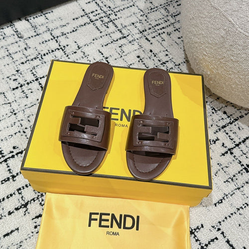 FENDI FF Baguette Chocolate Leather Slide