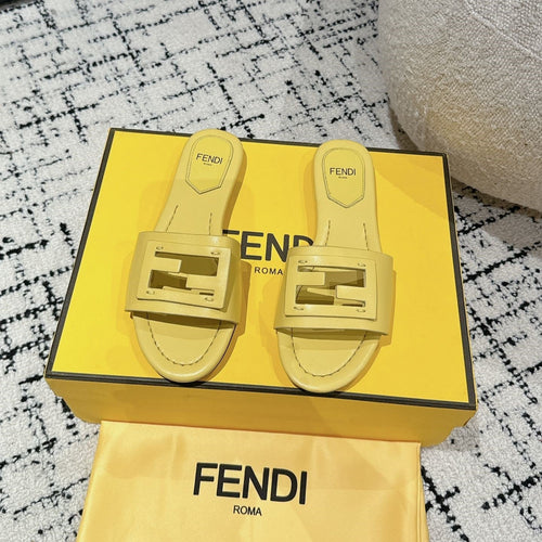FENDI FF Baguette Yellow Leather Slide