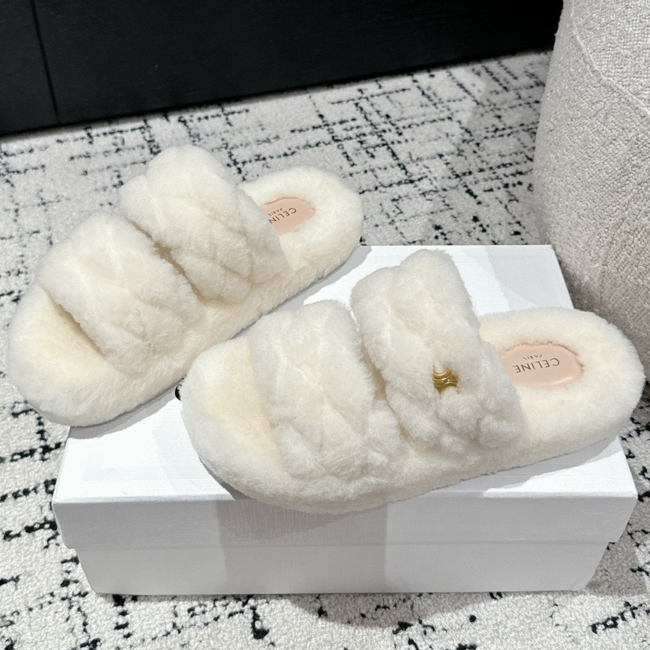 Celine DAD SANDAL MULE IN WHITE SHEARLING