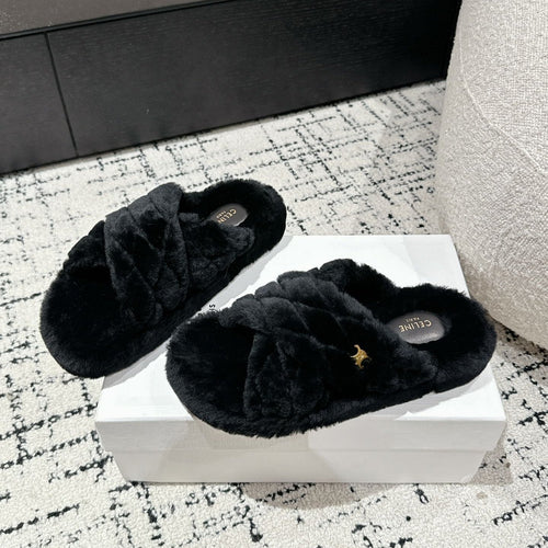 Celine CROSS STRAP SLIPPER IN BLACK SHEARLING