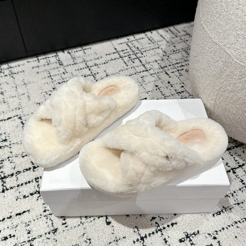 Celine CROSS STRAP SLIPPER IN WHITE SHEARLING