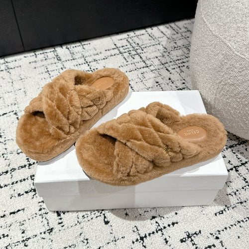 Celine CROSS STRAP SLIPPER IN CAMEL BROWN SHEARLING