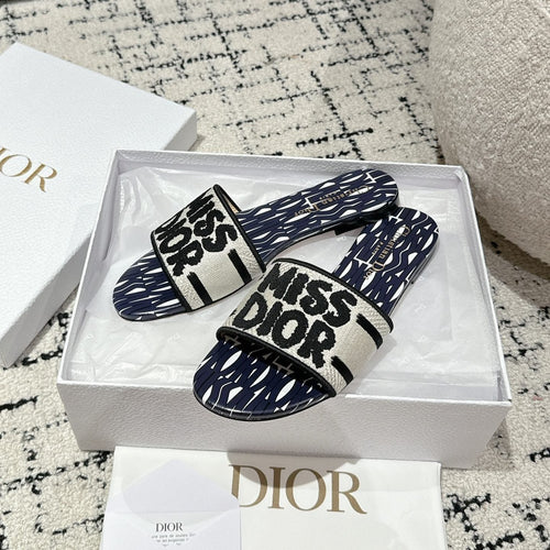 DIOR Dway Slide Deep Blue Mix White Black Embroidered Cotton