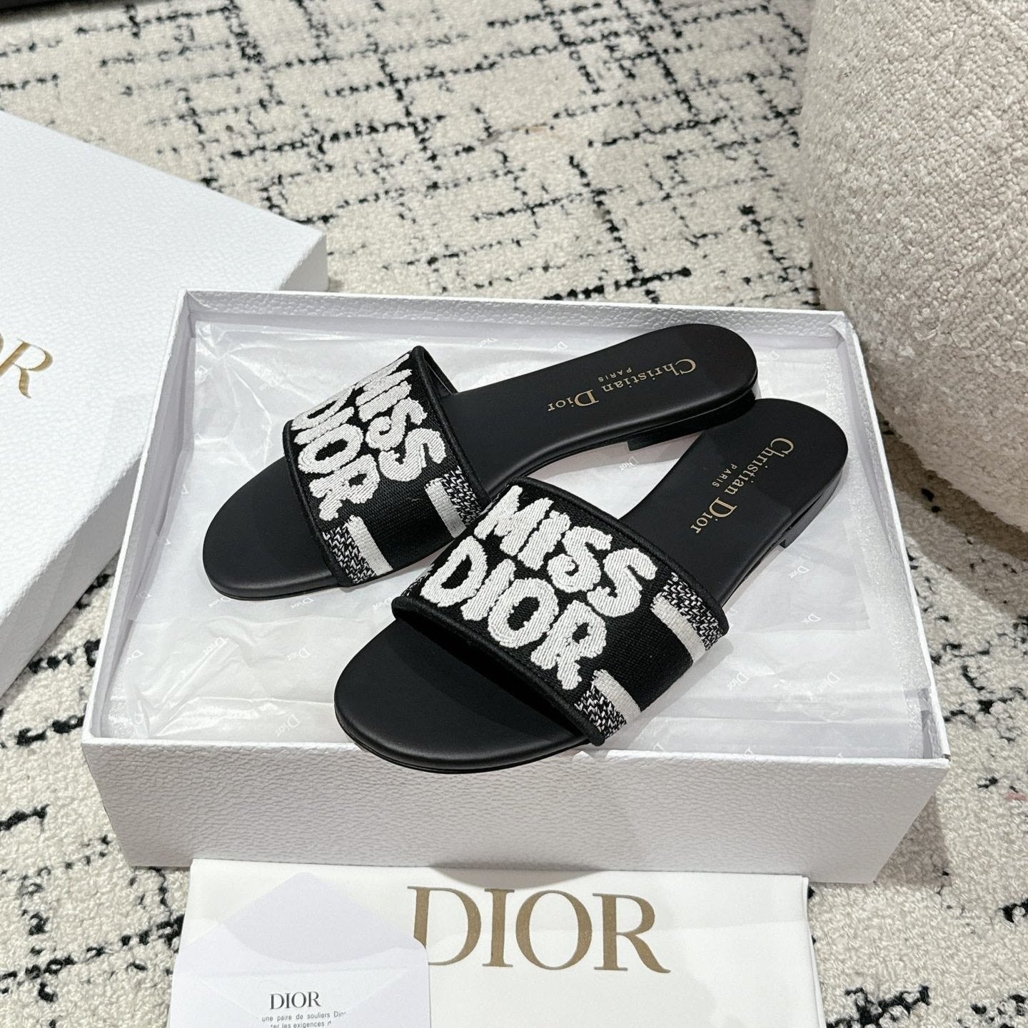 DIOR Dway Slide Black Mix White Embroidered Cotton