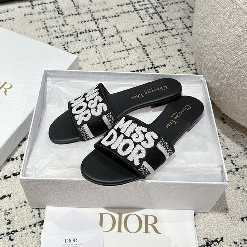 DIOR Dway Slide Black Mix White Embroidered Cotton