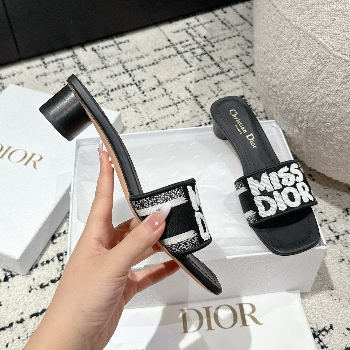 DIOR Dway Heeled Slide Black Mix White Embroidered Cotton