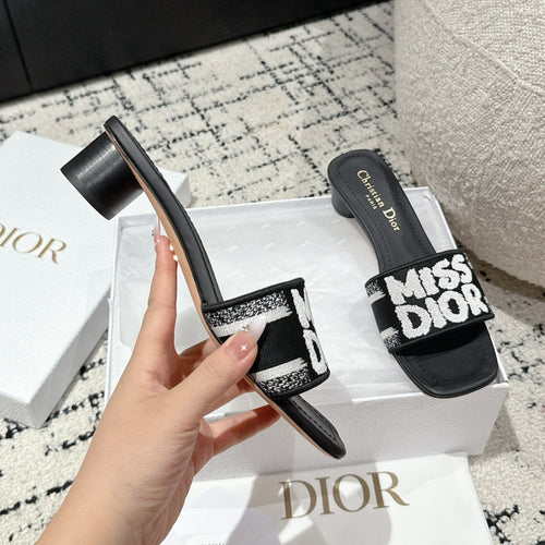 DIOR Dway Heeled Slide Black Mix White Embroidered Cotton