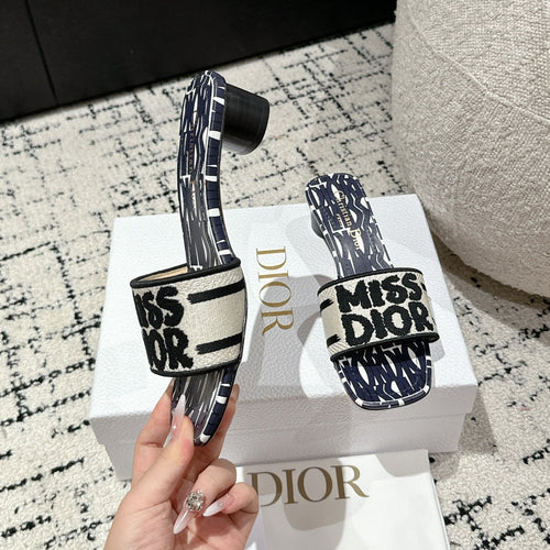 DIOR Dway Heeled Slide Deep Blue Mix Black White Embroidered Cotton