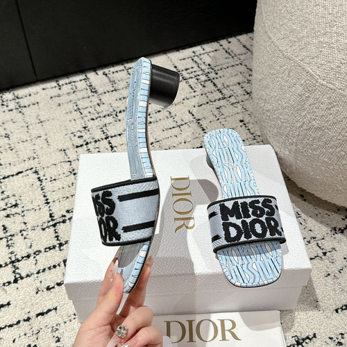 DIOR Dway Heeled Slide Blue Black Embroidered Cotton
