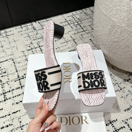 DIOR Dway Heeled Slide Light Pink Black Embroidered Cotton