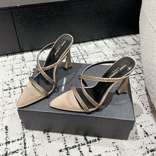Saint Laurent HIGH CRYSTAL STRAP SANDALS IN BOUTIQUE BEIGE SILK
