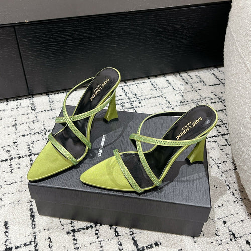 Saint Laurent HIGH CRYSTAL STRAP SANDALS IN PEAR GREEN SILK