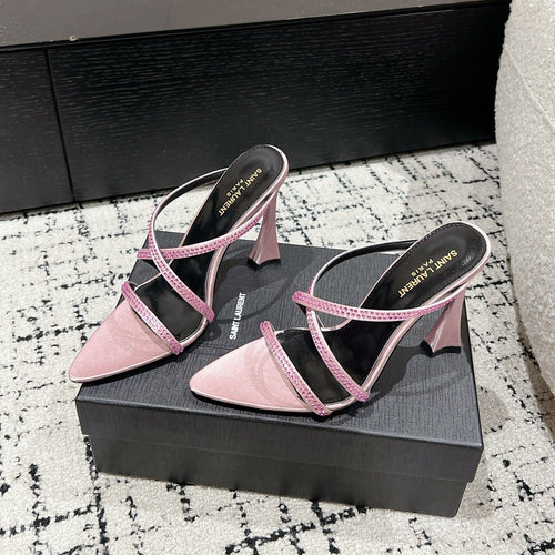 Saint Laurent HIGH CRYSTAL STRAP SANDALS IN LIGHT PINK SILK