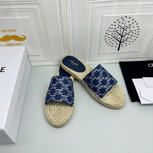 Celine NEW FLAT FISHERMAN SLIPPERS NAVY BLUE COTTON CANVAS