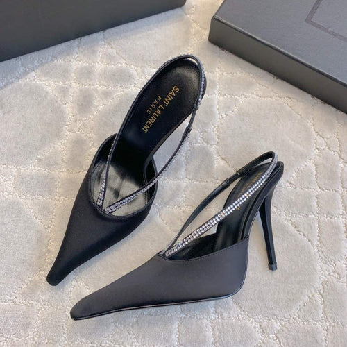 Saint Laurent AMANDA SLINGBACK PUMPS IN BLACK SILK WITH RHINESTONES