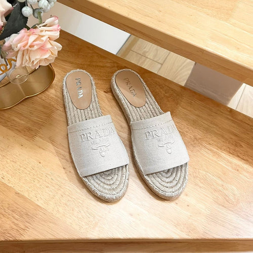 PRADA CROCHET SLIPPERS CREAMY WHITE LINEN FABRIC
