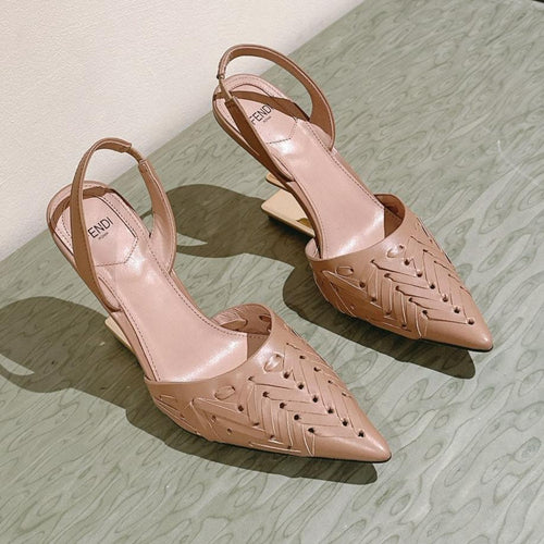 FENDI FENDI FIRST HIGH-HEELED SLINGBACK 85 MM IN TUSCAN TAN LAMBSKIN GOLD HARDWARE