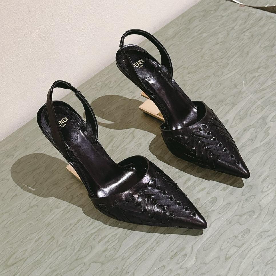 FENDI FENDI FIRST HIGH-HEELED SLINGBACK 85 MM IN BLACK LAMBSKIN GOLD HARDWARE