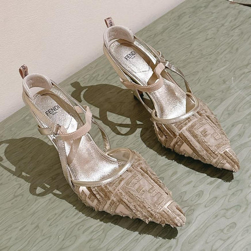 FENDI FENDI COLIBRÌ HIGH-HEELED SLINGBACKS 75MM IN LIGHT GOLD FABRIC