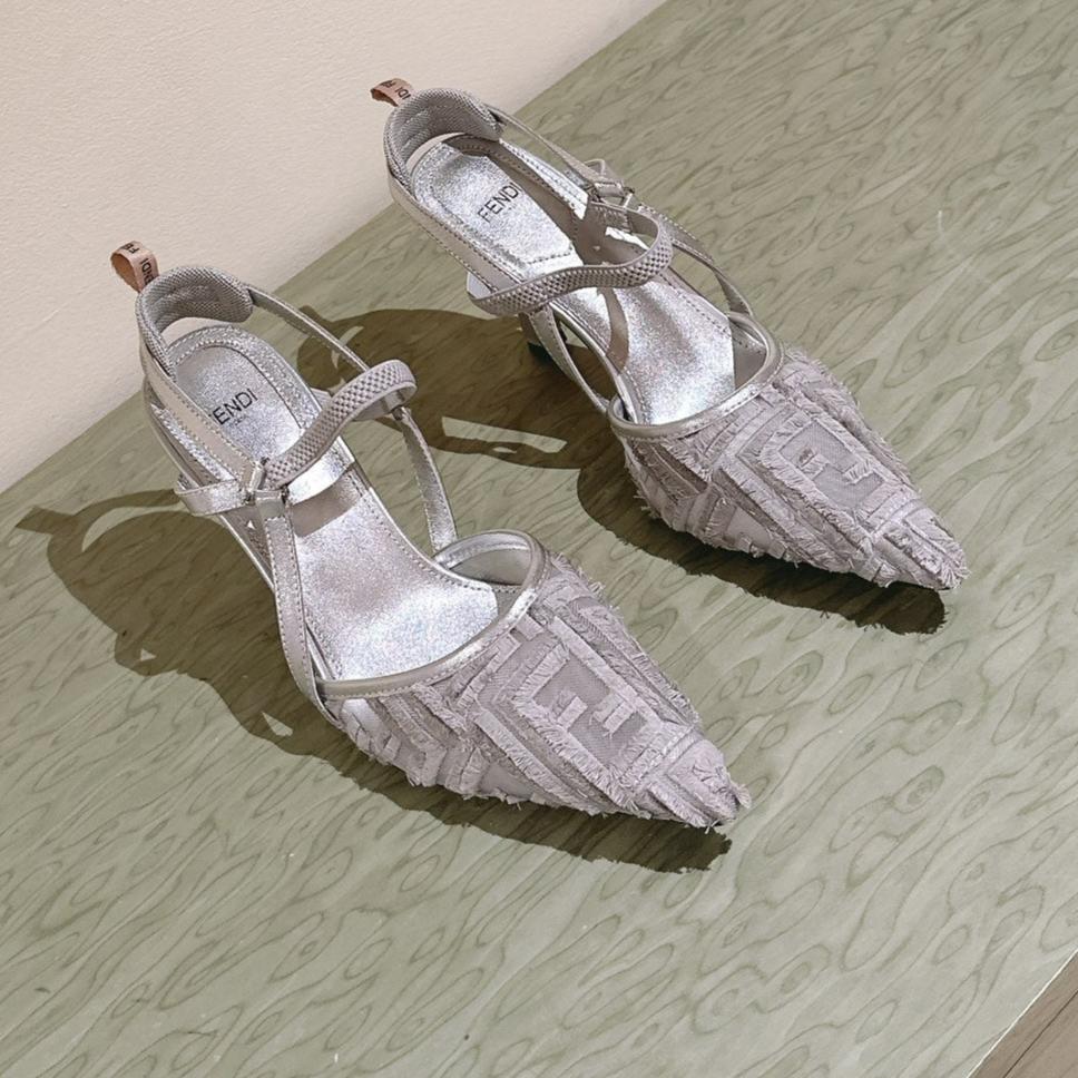 FENDI FENDI COLIBRÌ HIGH-HEELED SLINGBACKS 75MM IN LIGHT GREY FABRIC