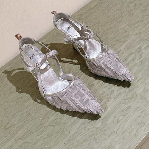 FENDI FENDI COLIBRÌ HIGH-HEELED SLINGBACKS 75MM IN LIGHT GREY FABRIC