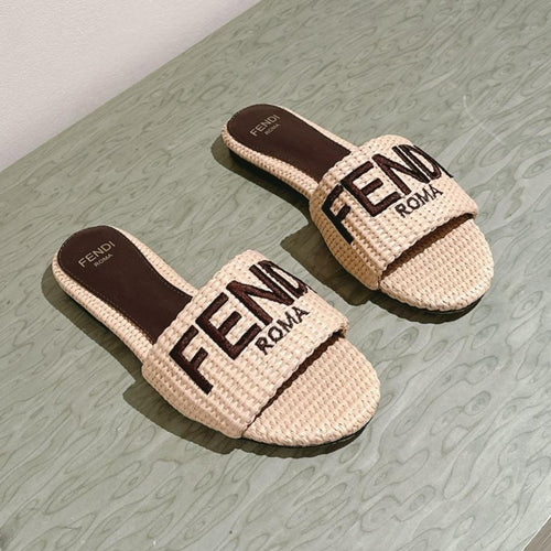 FENDI FENDI SIGNATURE MULE SLIDES IN BEIGE FIBRE WITH BROWN EMBROIDERED LOGO