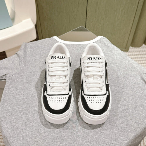 PRADA FLATFORM SNEAKERS BLACK AND WHITE CALFSKIN