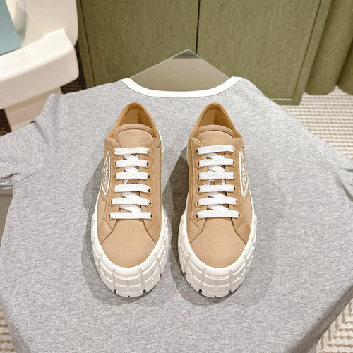 PRADA DOUBLE WHEEL RE-NYLON GABARDINE SNEAKERS TUSCAN CALFSKIN