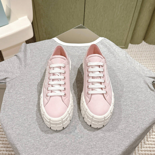 PRADA DOUBLE WHEEL RE-NYLON GABARDINE SNEAKERS PASTEL PINK CALFSKIN