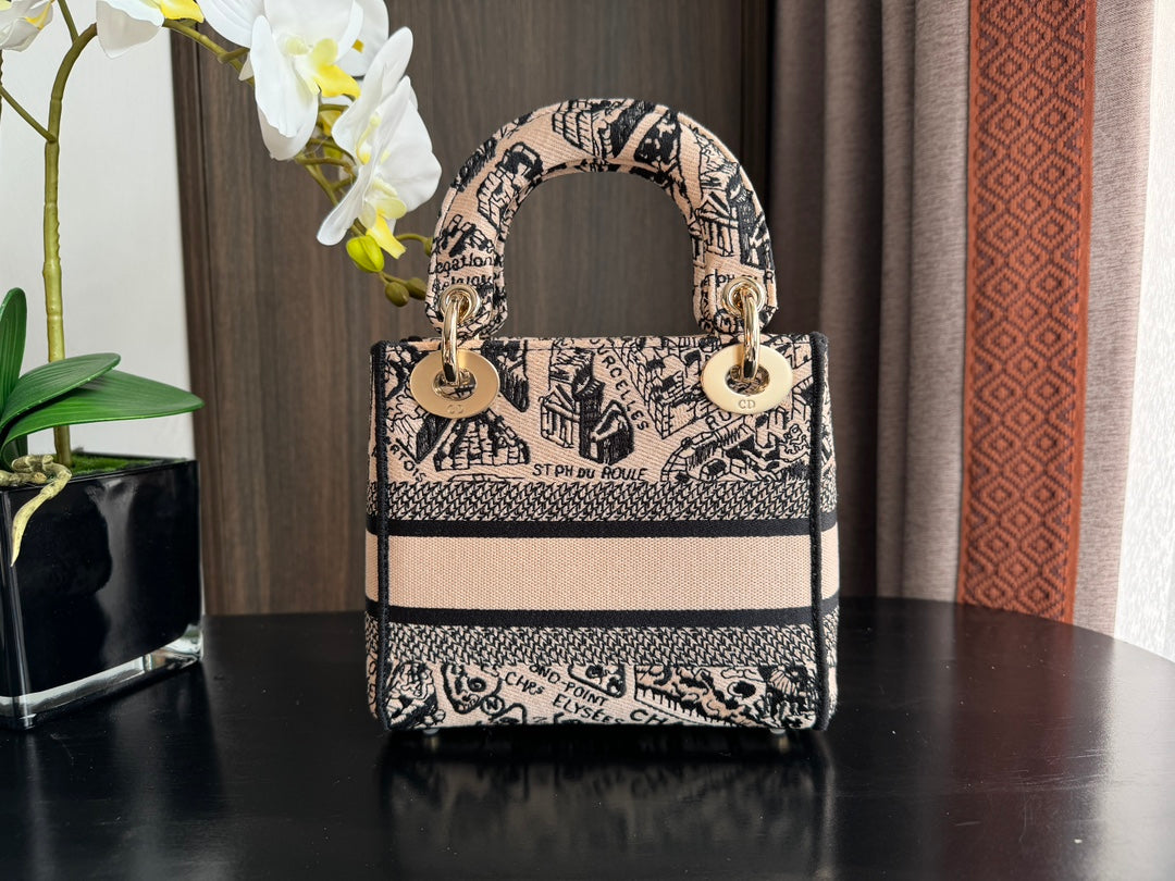 DIOR mini 17cm black pink embroidery canvas