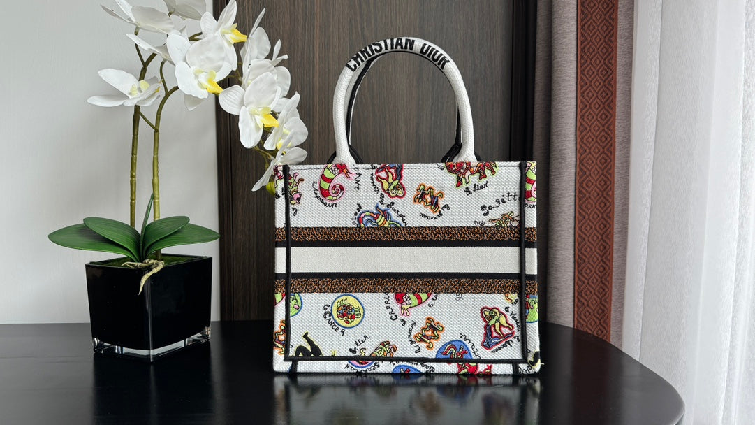 DIOR Small Book Tote 26.5cm White Multicolor Dragon Zodiac Embroidery