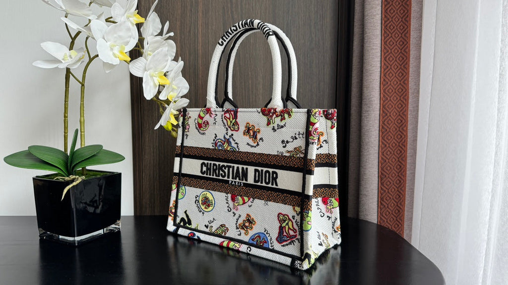 DIOR Small Book Tote 26.5cm White Multicolor Dragon Zodiac Embroidery
