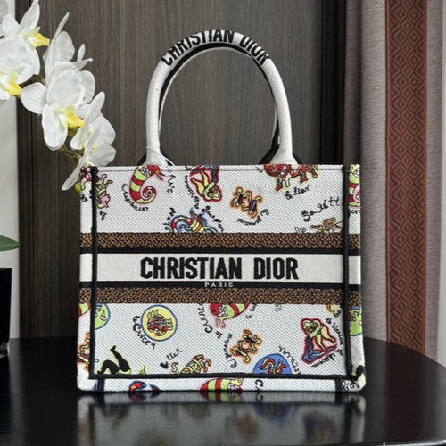 DIOR Small Book Tote 26.5cm White Multicolor Dragon Zodiac Embroidery