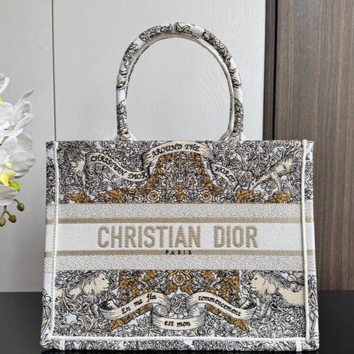 DIOR Book Tote 36.5 Beige White Canvas Around The World