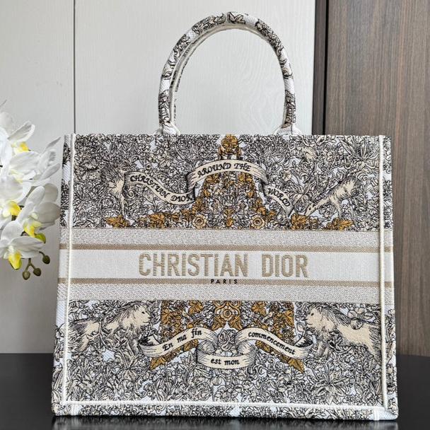 DIOR Book Tote 41.5 Beige White Canvas Around The World