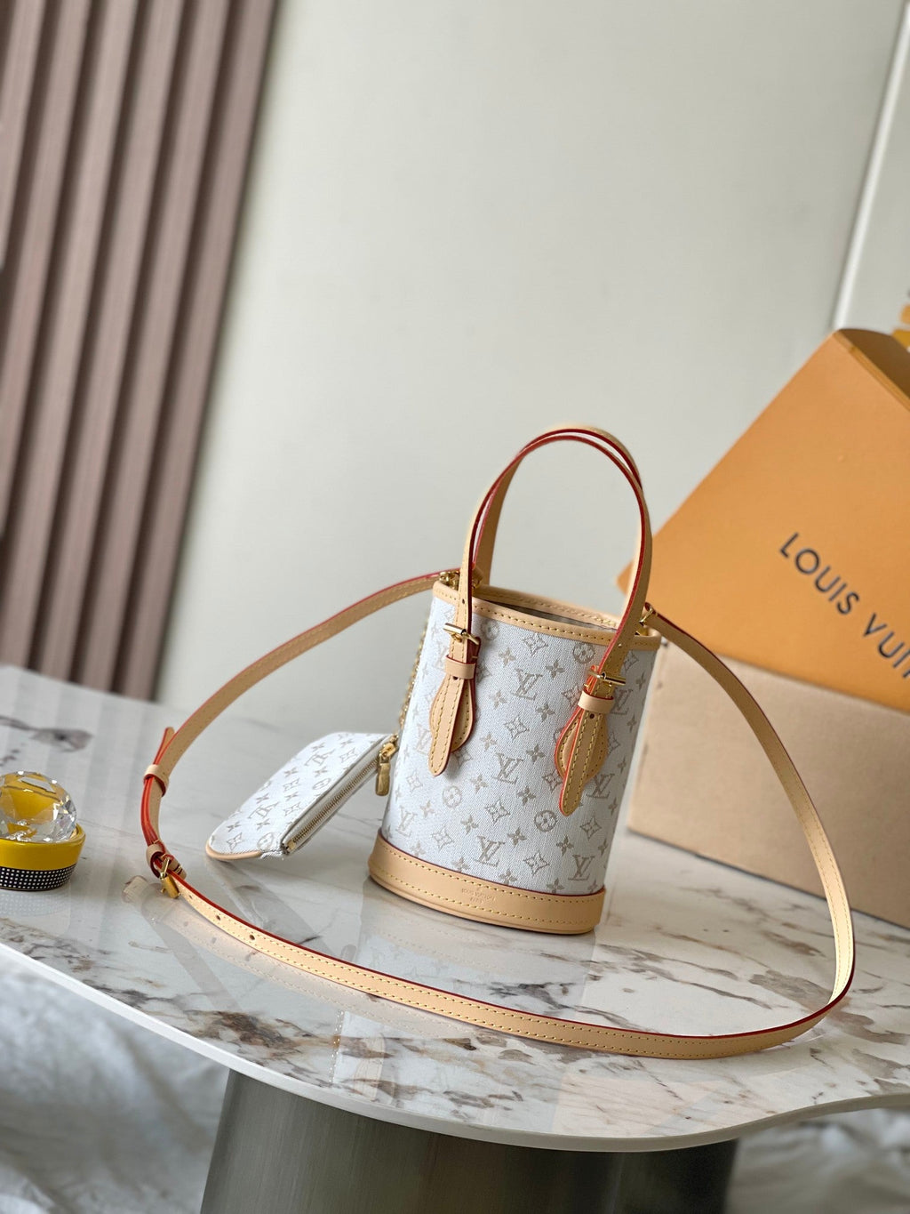 Louis Vuitton NANO BUCKET 17 IN WHITE MONOGRAM JACQUARD AND BEIGE CALFSKIN TRIM