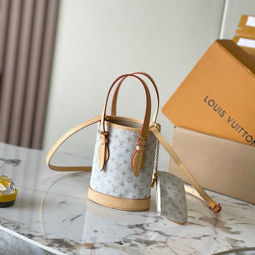 Louis Vuitton NANO BUCKET 17 IN WHITE MONOGRAM JACQUARD AND BEIGE CALFSKIN TRIM
