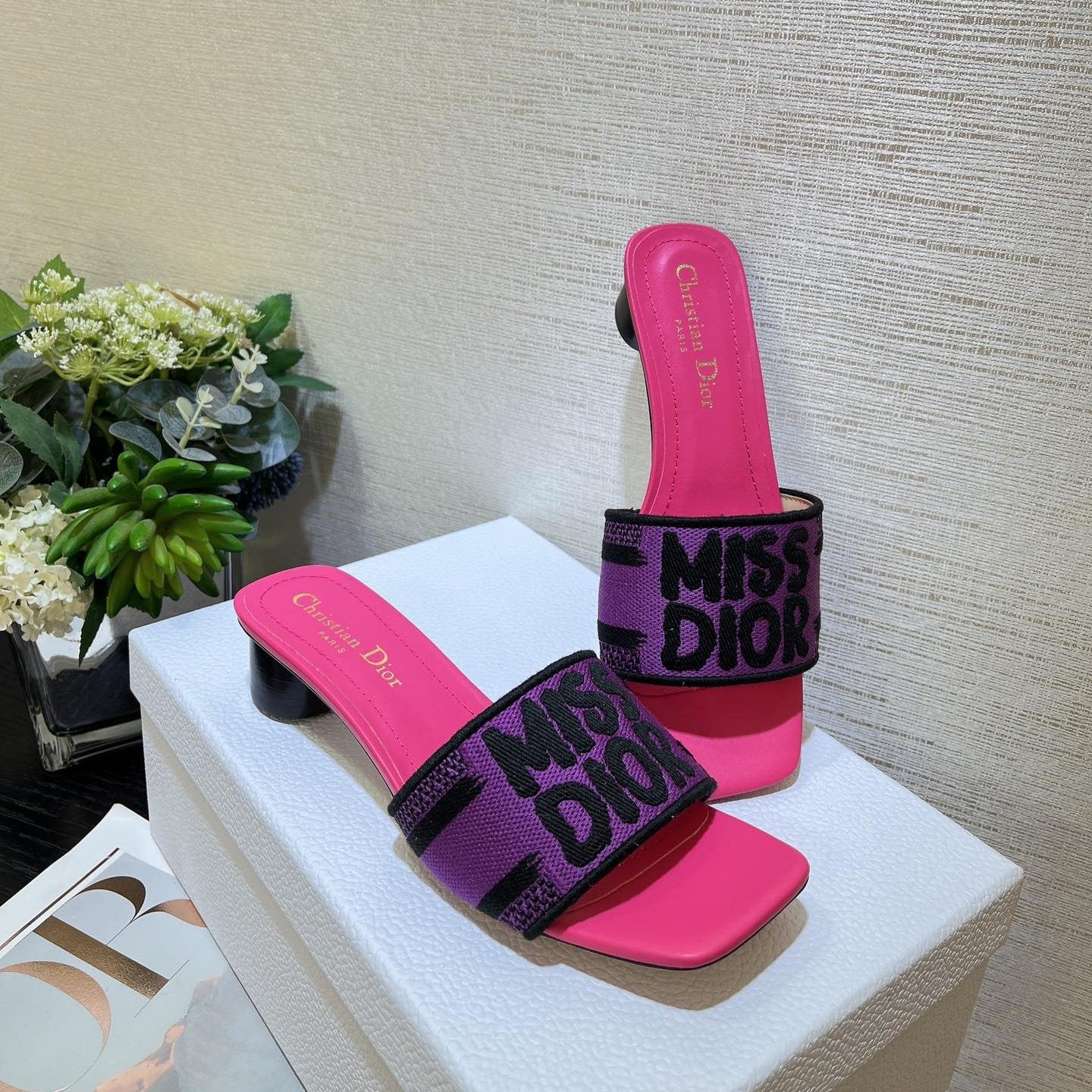 DIOR dway heeled slide 35 purple red embroidered cotton