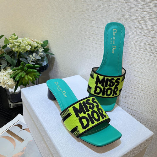 DIOR dway heeled slide 35 lime blue embroidered cotton