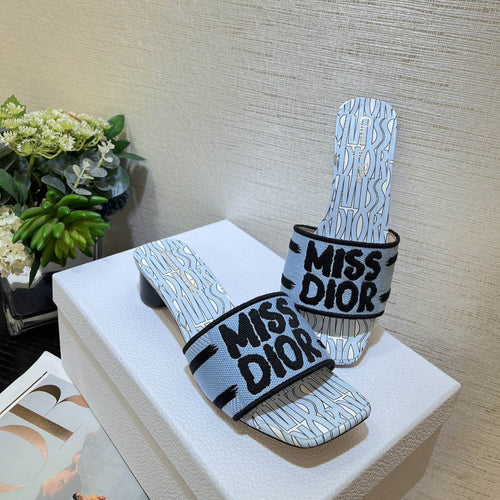 DIOR dway heeled slide 35 embroidered cotton cloud blue miss alllover motif