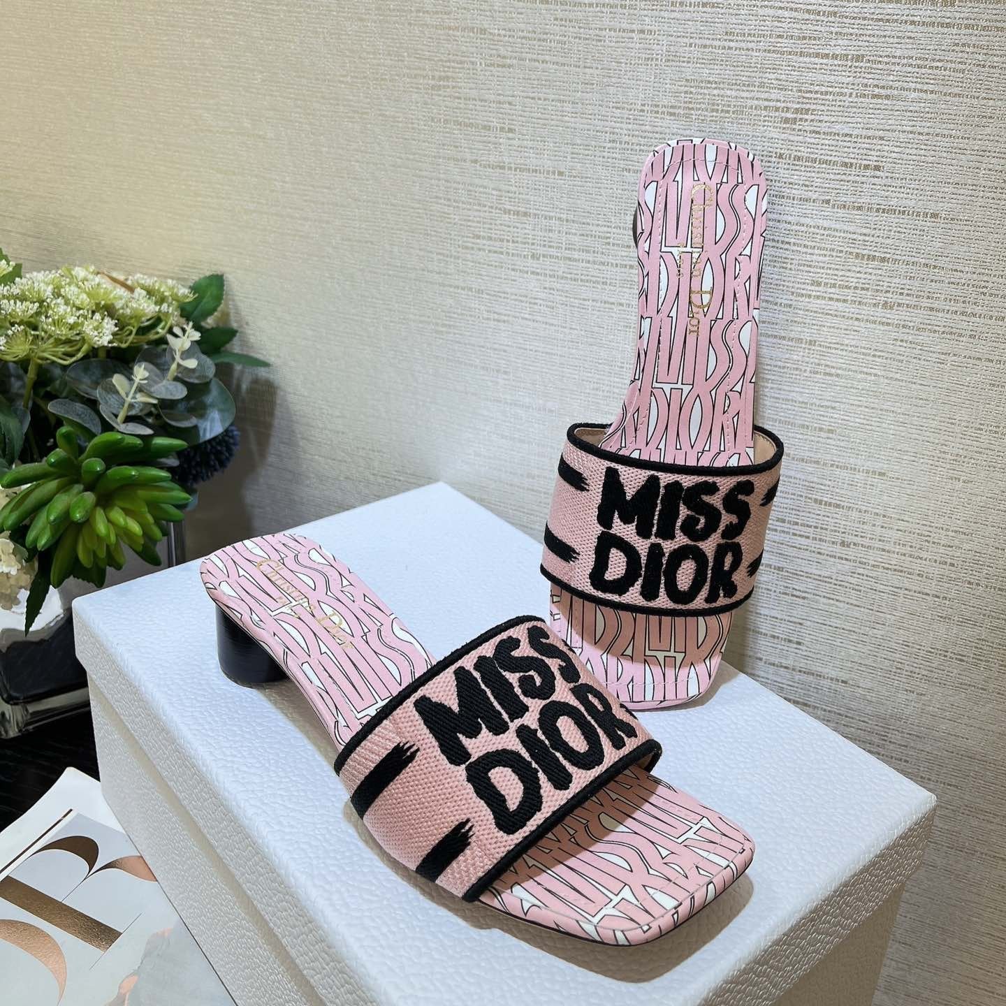 DIOR dway heeled slide 35 embroidered cotton pink miss alllover motif