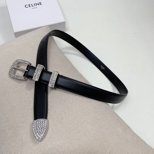 Celine CL 25 MM MARCO BELT WITH STRASS IN BLACK CALFSKIN SILVER HARDWARE